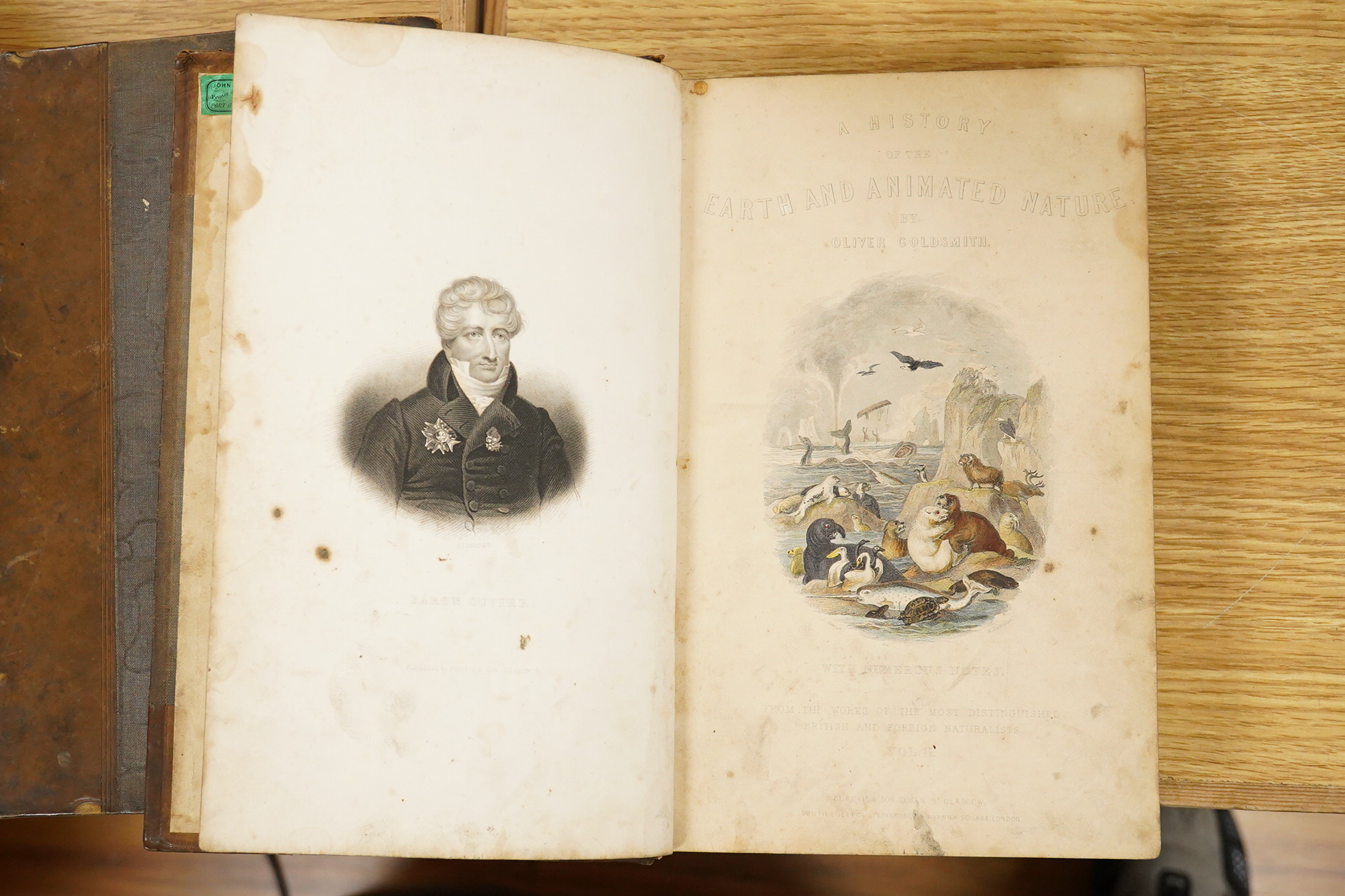 Goldsmith, Oliver - A History of the Earth and Animated Nature... 2 vols, coloured pictorial and printed titles, num. coloured and other plates, text engravings; contemp. half calf and cloth, panelled spines 4to. 1856-57